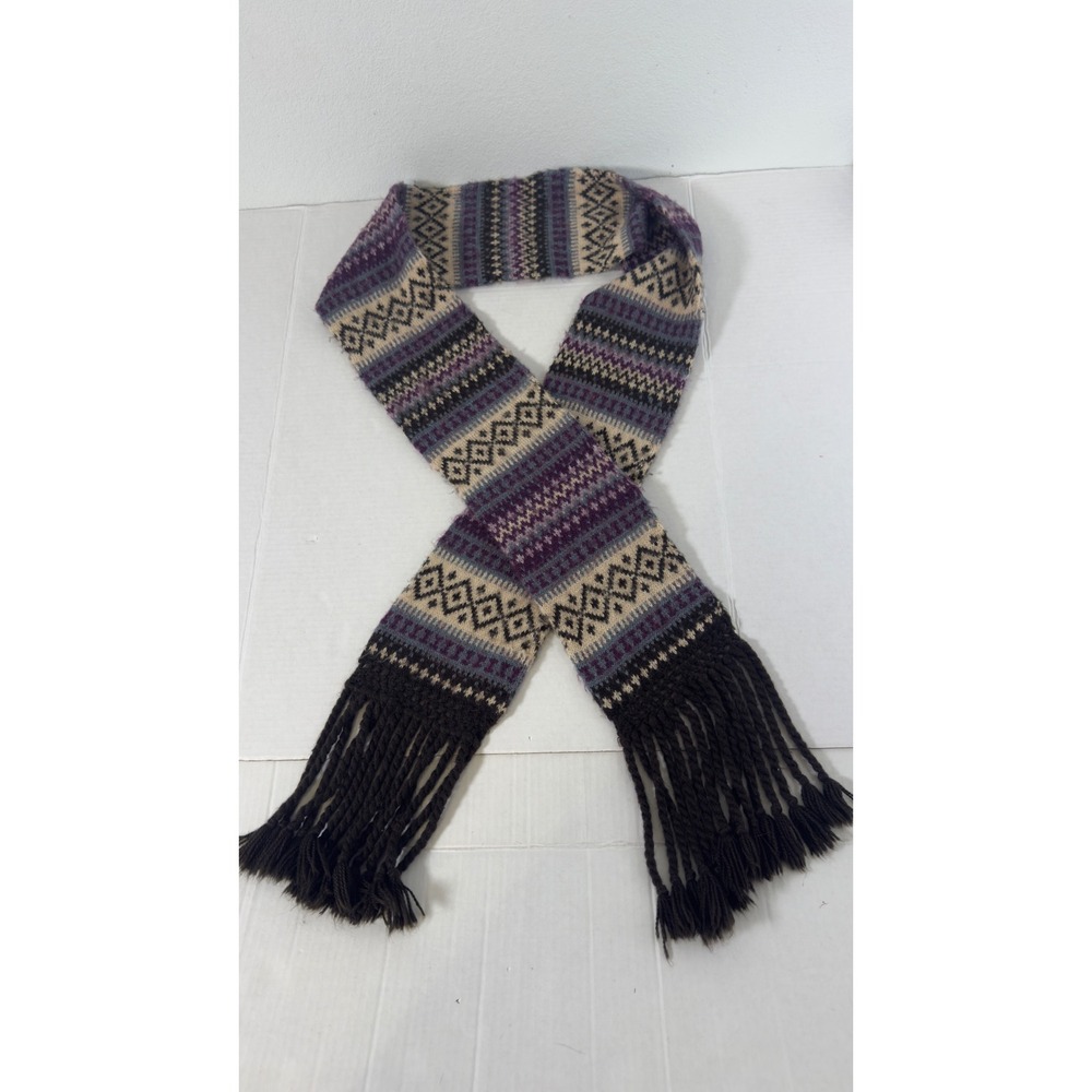 Alpaca Blend Wool Scarf Unisex OS Purple Fair Isle Knit Fringe Boho Geometric